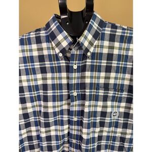 Cinch Mens Plaid Short Sleeve Button Down Shirt Blue Green White Cotton Size M